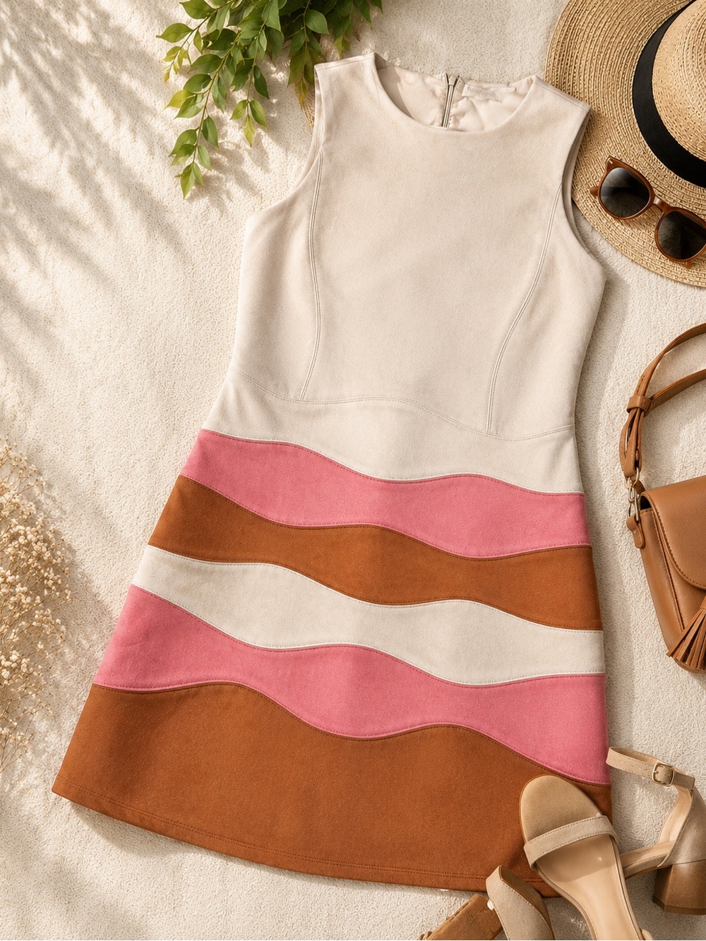 Liberty Garden Faux Suede Colorblock Shift Dress Pink Cream Tan Size Small